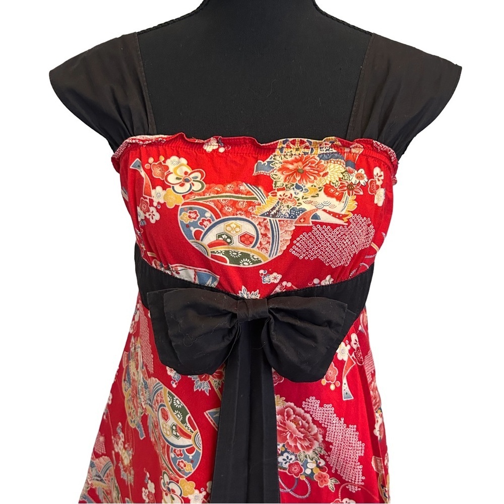 Moss Club Japanese Red and Black Floral Midi Dress With Cap Sleeve Size S/M